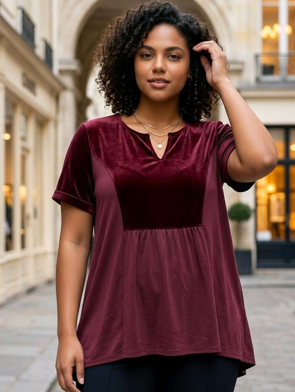 Hannah Burgundy Soft Velvet Velour High-Low Blouse Women’s Large Winter Elegance